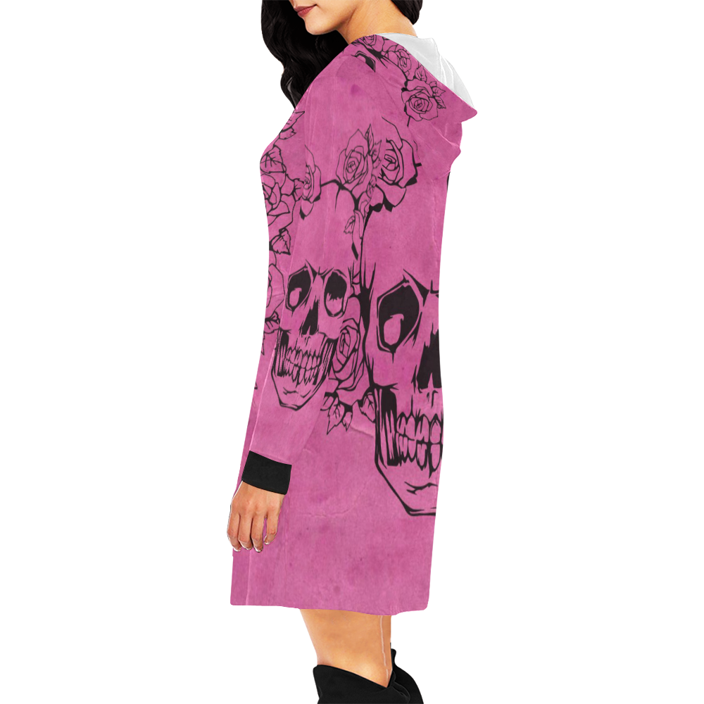 Skull with roses, pink All Over Print Hoodie Mini Dress (Model H27)