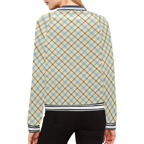 Plaid in cream, brown and baby blue All Over Print Bomber Jacket for Women (Model H21)