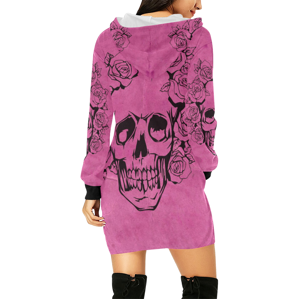 Skull with roses, pink All Over Print Hoodie Mini Dress (Model H27)