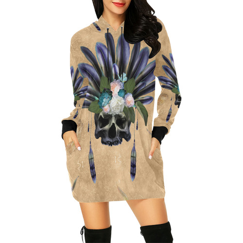 Cool skull with feathers and flowers All Over Print Hoodie Mini Dress (Model H27)