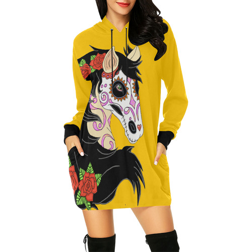 Sugar Skull Horse Red Roses Yellow All Over Print Hoodie Mini Dress (Model H27)
