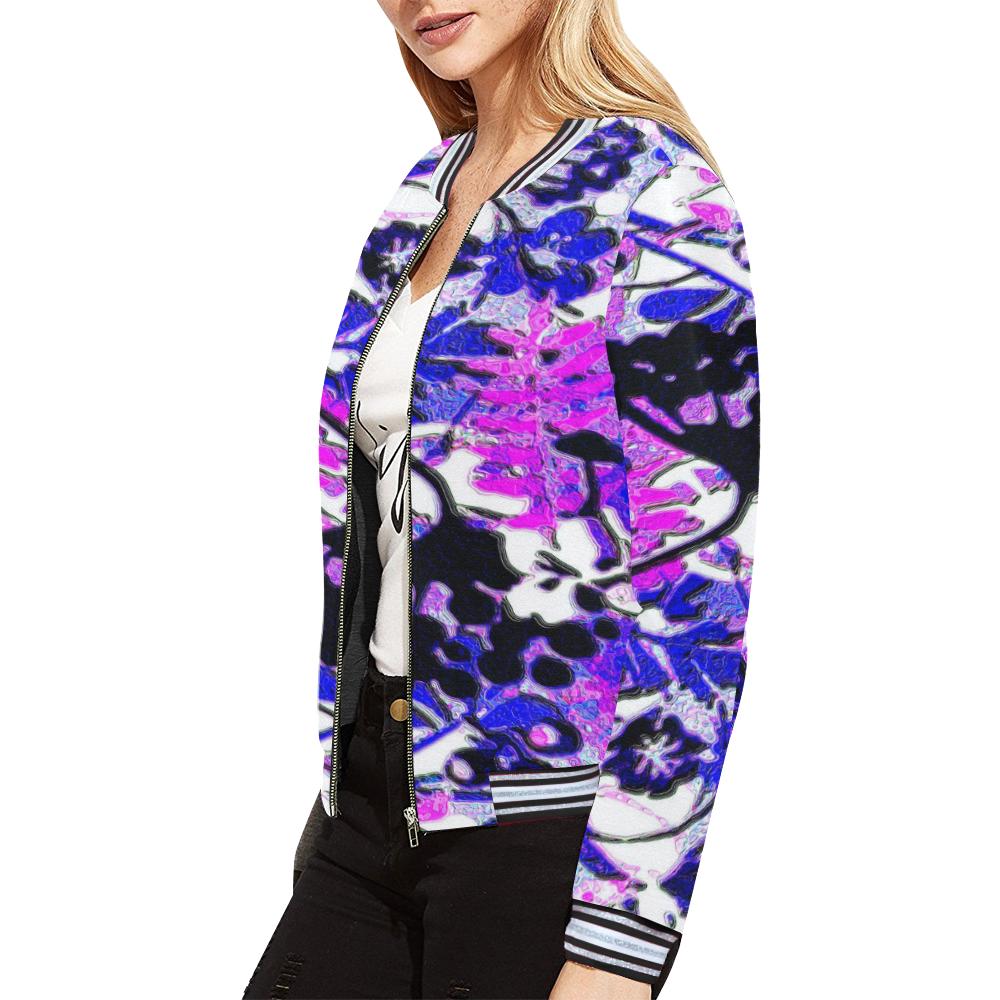 floral abstract in blues and purple All Over Print Bomber Jacket for Women (Model H21)