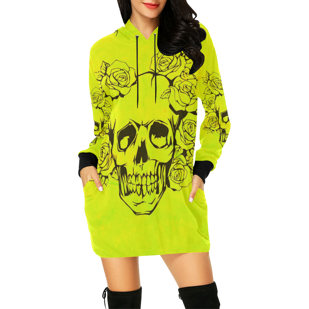 Skull with roses, yellow All Over Print Hoodie Mini Dress (Model H27)
