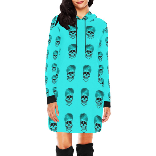Funny Skull Pattern, aqua All Over Print Hoodie Mini Dress (Model H27)