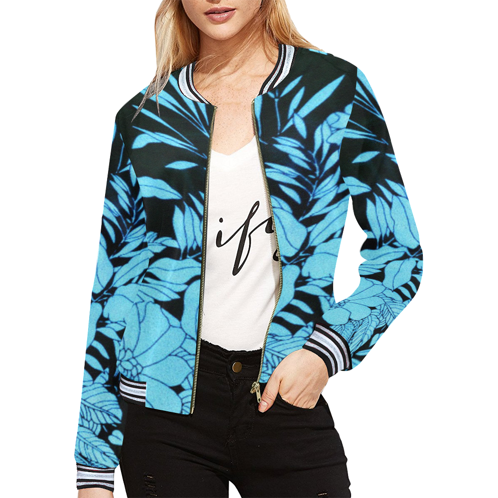 blue floral abstract watercolor All Over Print Bomber Jacket for Women (Model H21)