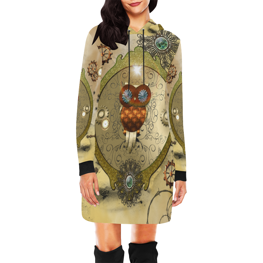 Steampunk, wonderful owl All Over Print Hoodie Mini Dress (Model H27)