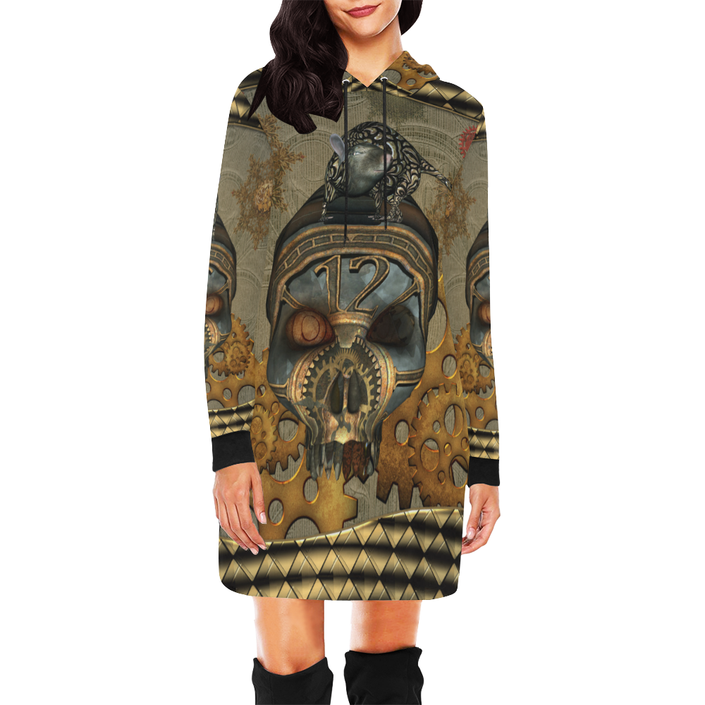 Awesome steampunk skull All Over Print Hoodie Mini Dress (Model H27)