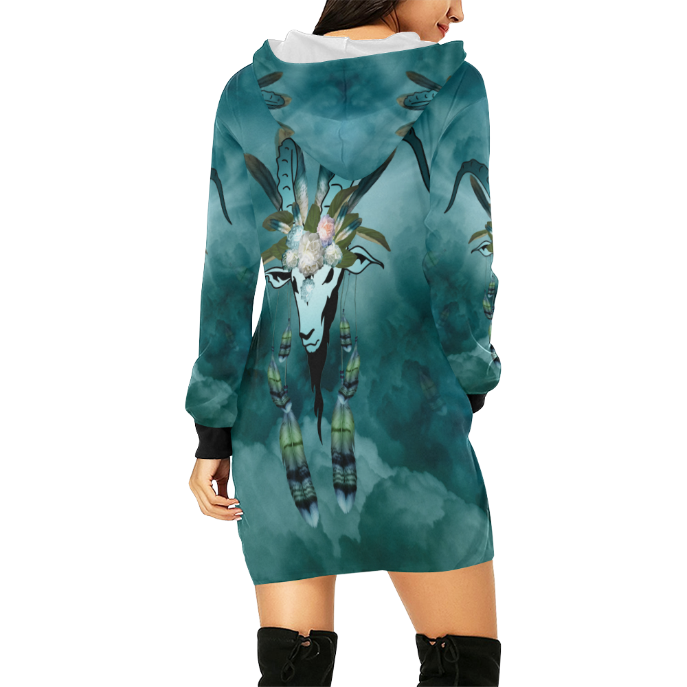 The billy goat with feathers and flowers All Over Print Hoodie Mini Dress (Model H27)