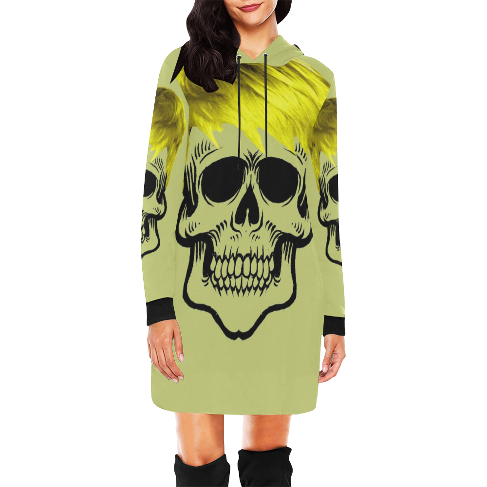 funny skull, yellow All Over Print Hoodie Mini Dress (Model H27)