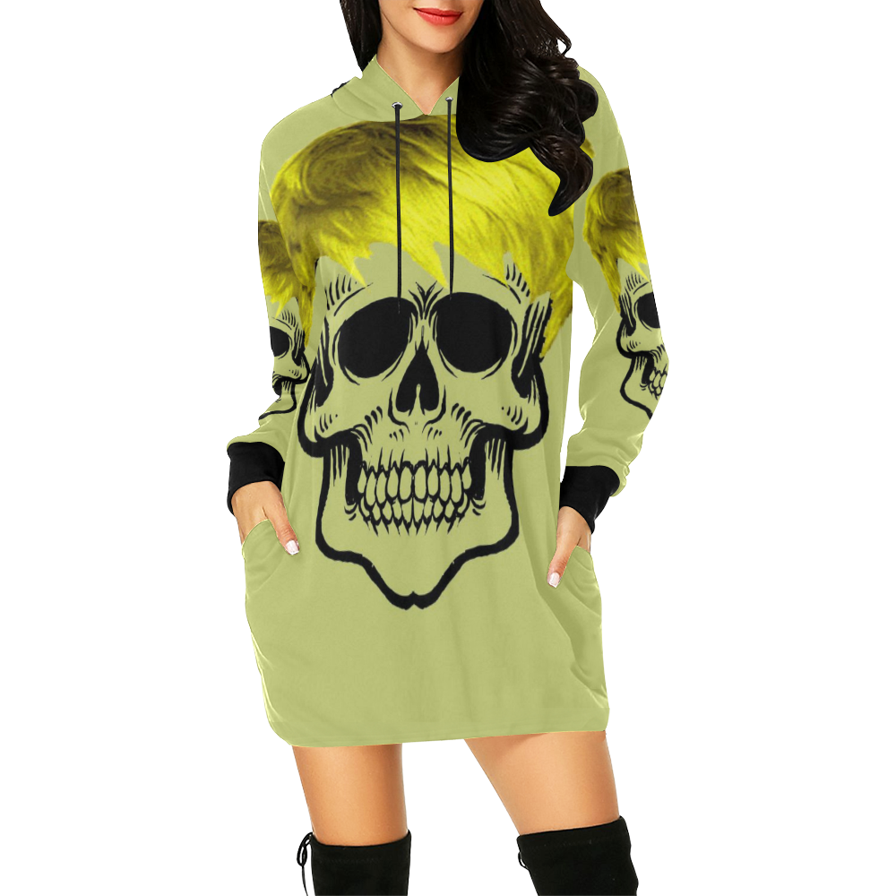 funny skull, yellow All Over Print Hoodie Mini Dress (Model H27)
