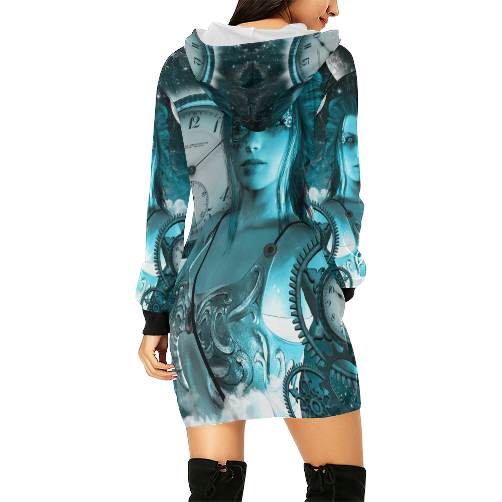 Steampunk lady, clocks and gears All Over Print Hoodie Mini Dress (Model H27)