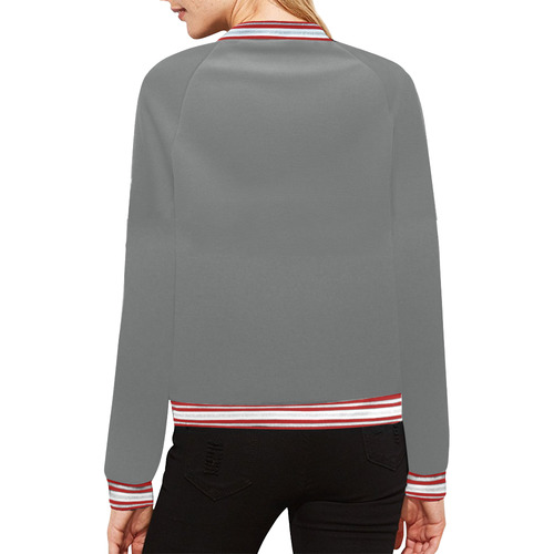 dark gray grey with red accent stripes All Over Print Bomber Jacket for Women (Model H21)