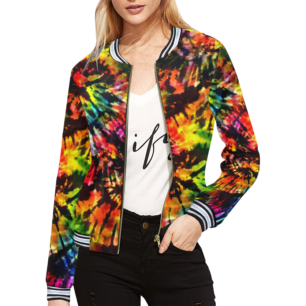 Vivid Psychedelic HippyTie Dye All Over Print Bomber Jacket for Women (Model H21)