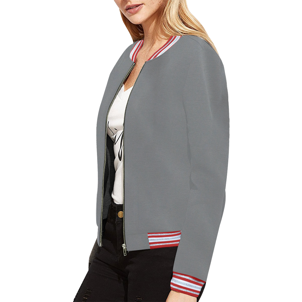 dark gray grey with red accent stripes All Over Print Bomber Jacket for Women (Model H21)