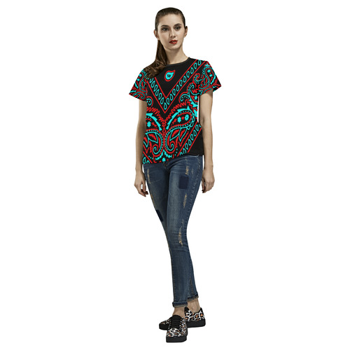 blue and red paisley bandana All Over Print T-shirt for Women/Large Size (USA Size) (Model T40)