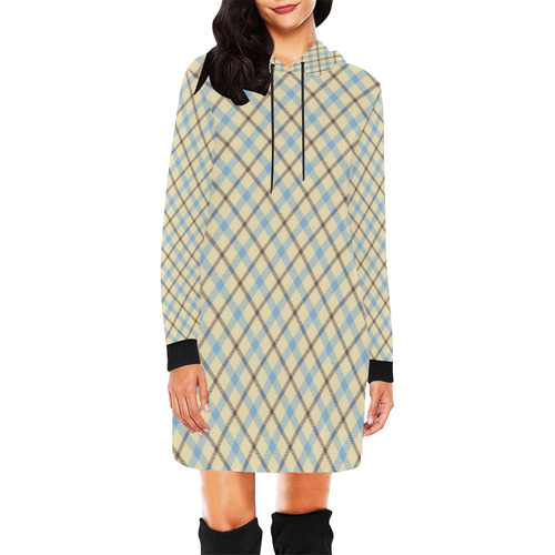 Plaid in cream, brown and baby blue All Over Print Hoodie Mini Dress (Model H27)