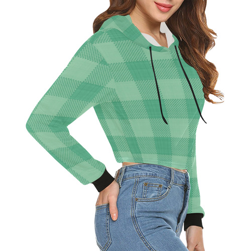 Mint Green Plaid All Over Print Crop Hoodie for Women (Model H22)