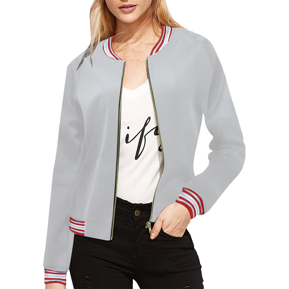 light gray grey with red accent stripes All Over Print Bomber Jacket for Women (Model H21)