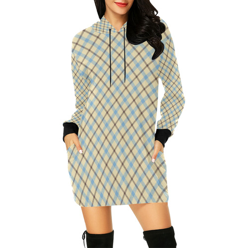 Plaid in cream, brown and baby blue All Over Print Hoodie Mini Dress (Model H27)