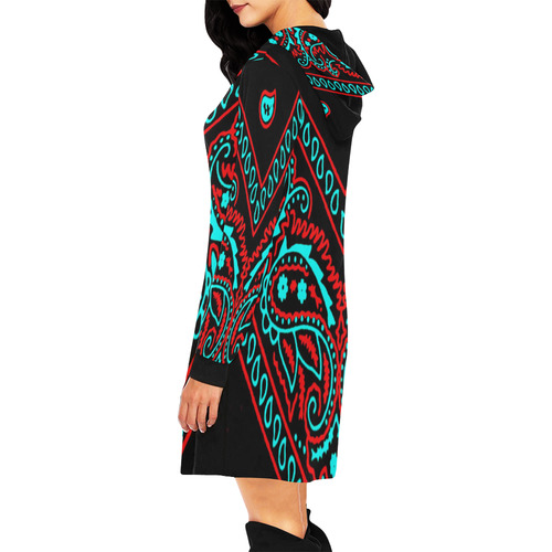 blue and red paisley bandana All Over Print Hoodie Mini Dress (Model H27)