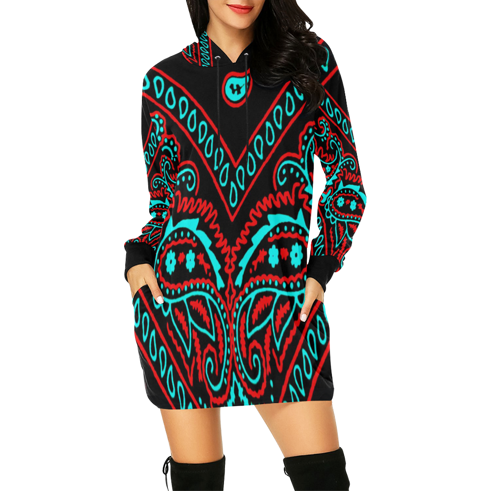 blue and red paisley bandana All Over Print Hoodie Mini Dress (Model H27)