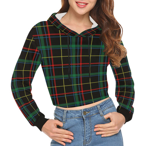 Black Red Green Plaid All Over Print Crop Hoodie for Women (Model H22)