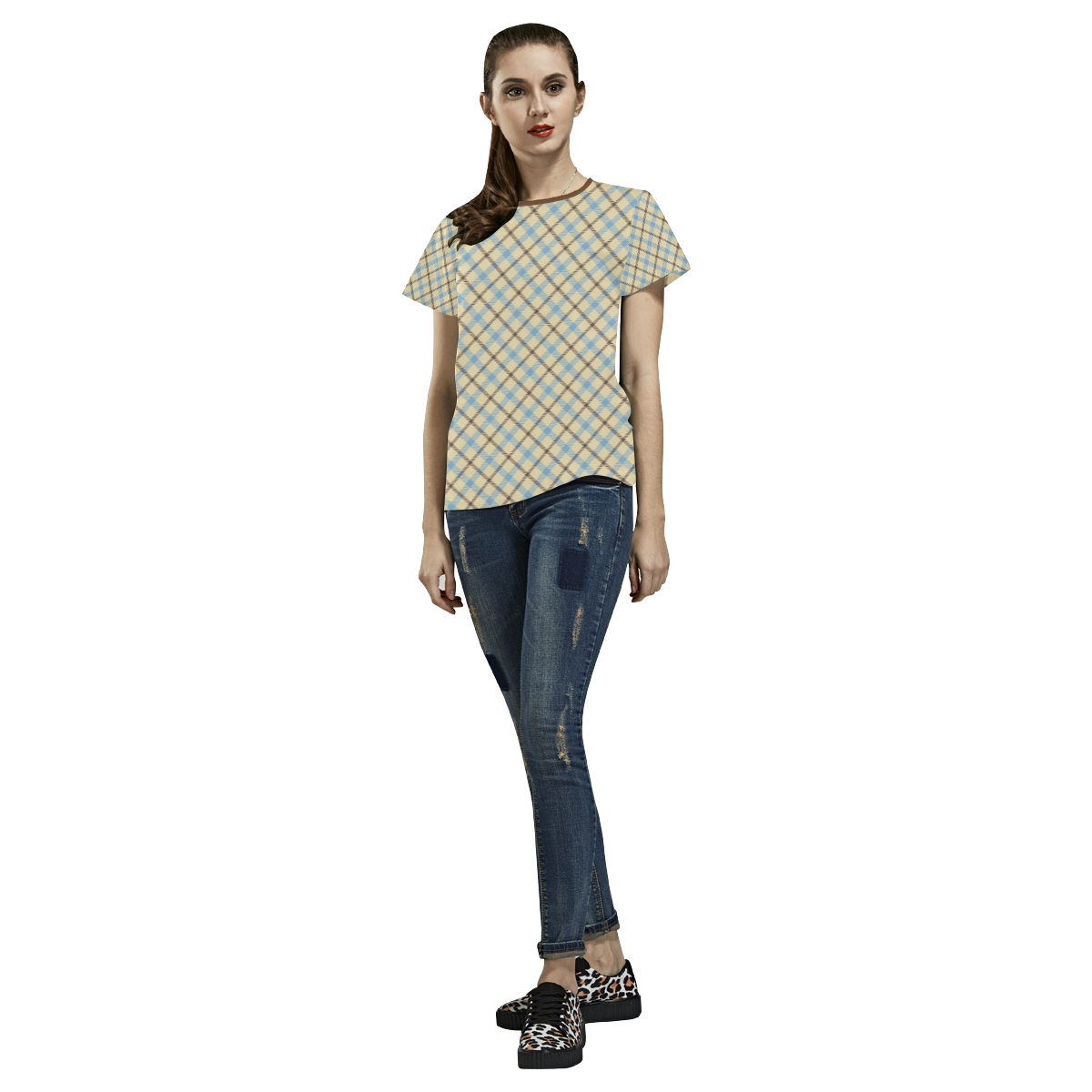 Plaid in cream, brown and baby blue All Over Print T-shirt for Women/Large Size (USA Size) (Model T40)