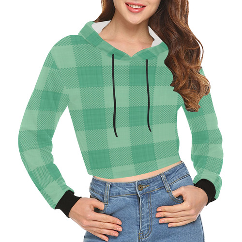 Mint Green Plaid All Over Print Crop Hoodie for Women (Model H22)