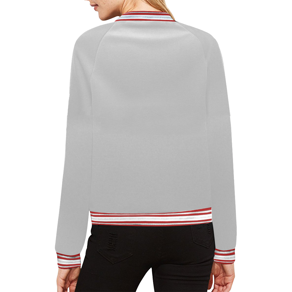 light gray grey with red accent stripes All Over Print Bomber Jacket for Women (Model H21)