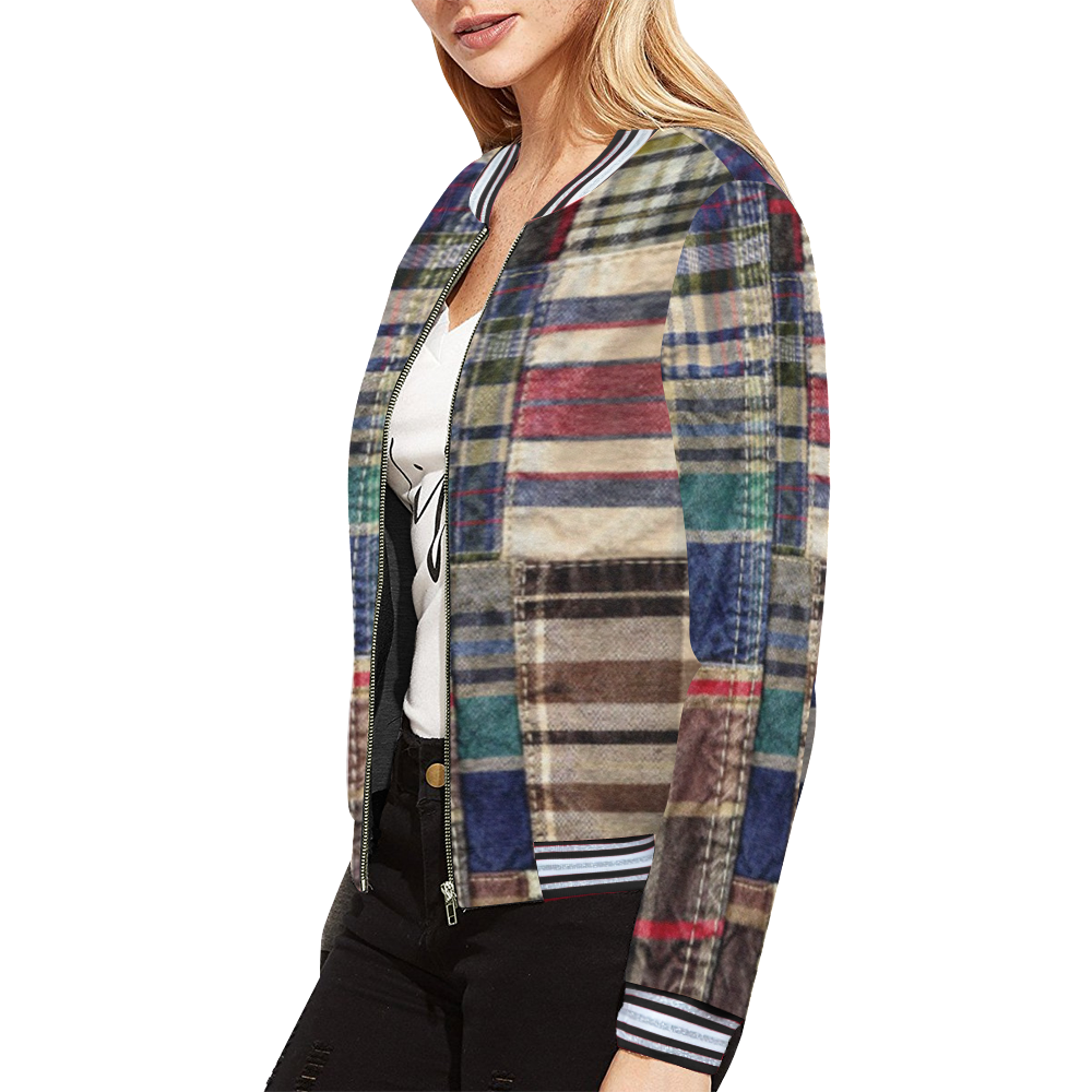 rustic grunge patchwork plaid All Over Print Bomber Jacket for Women (Model H21)