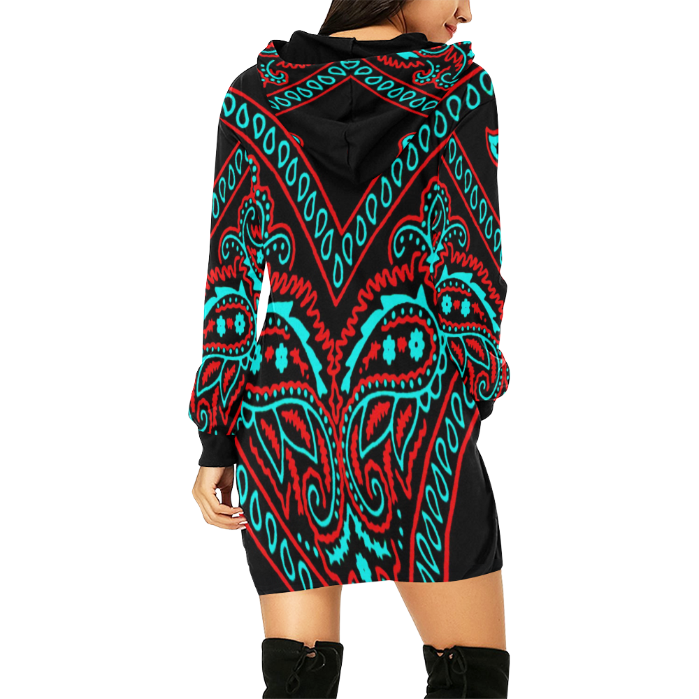 blue and red paisley bandana All Over Print Hoodie Mini Dress (Model H27)