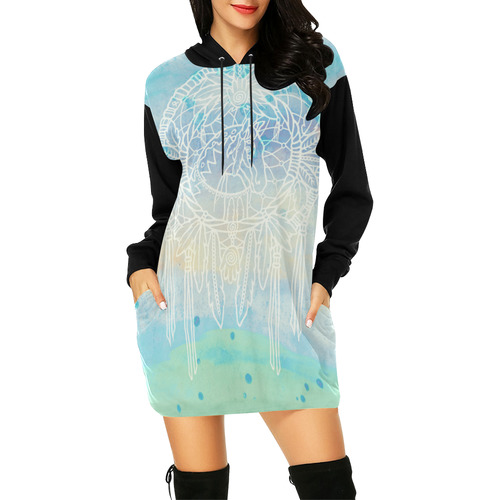 Indians Dreamcatcher HORSE Watercolor Painting All Over Print Hoodie Mini Dress (Model H27)