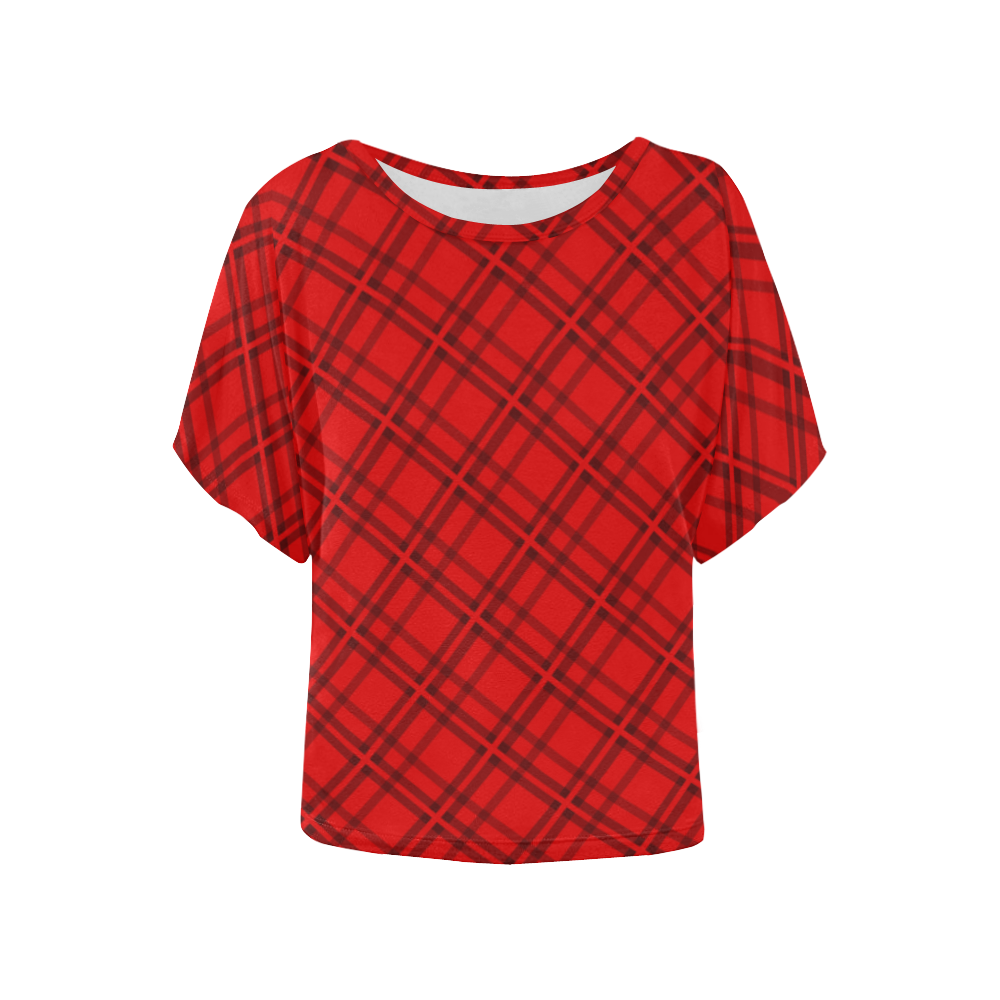 Plaid Red & Black VAS2 Women's Batwing-Sleeved Blouse T shirt (Model T44)