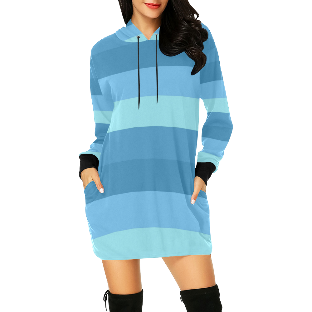 Shades Of Blue Stripes All Over Print Hoodie Mini Dress (Model H27 ...