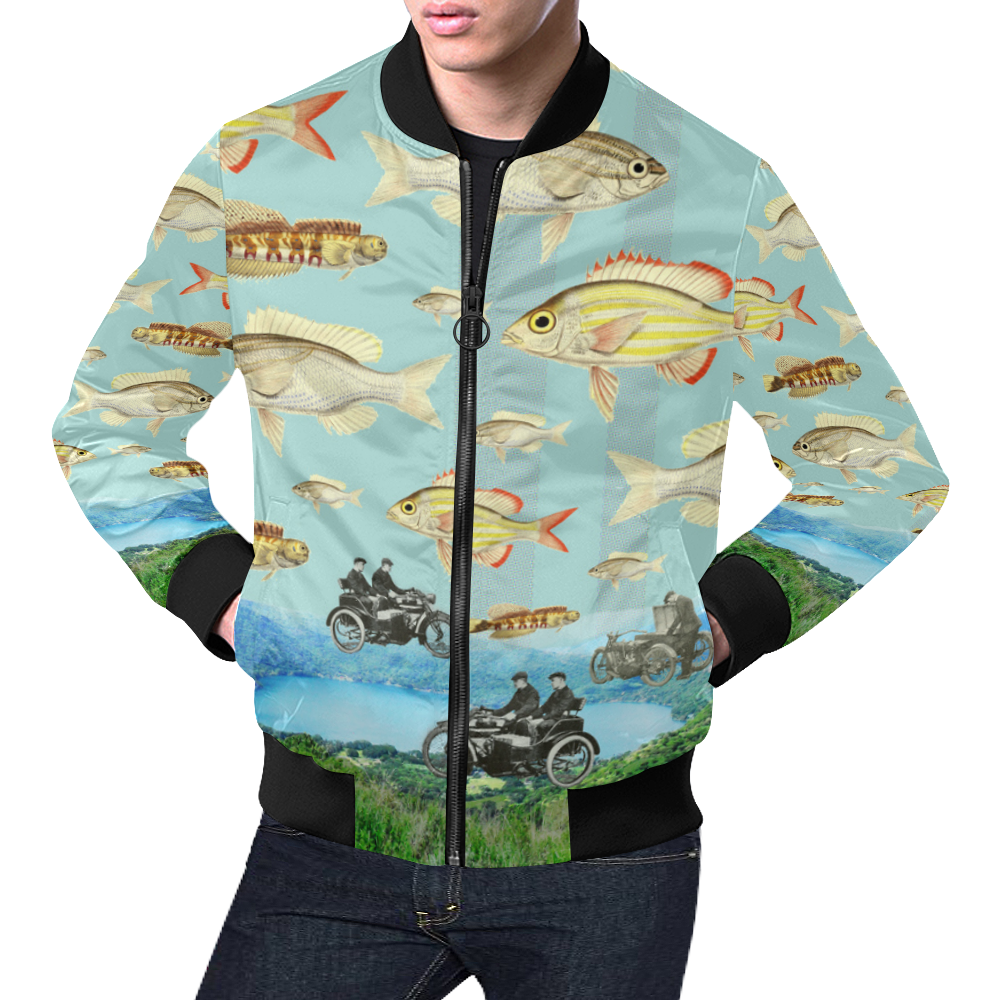 VINTAGE MOTORCYCLES AND COLORFUL FISH... IN THE MOUNTAINS All Over Print Bomber Jacket for Men (Model H19)