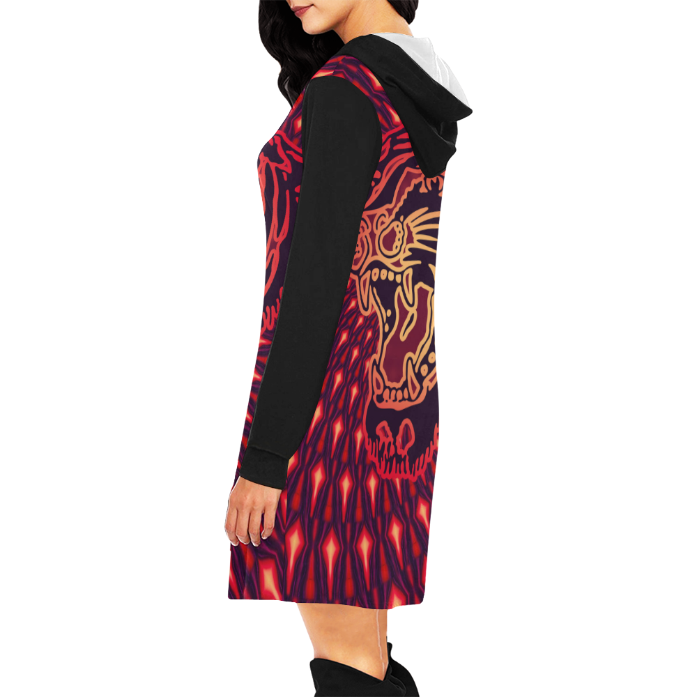 Roaring TIGER TATTOO Red Black EXPLOSION All Over Print Hoodie Mini Dress (Model H27)