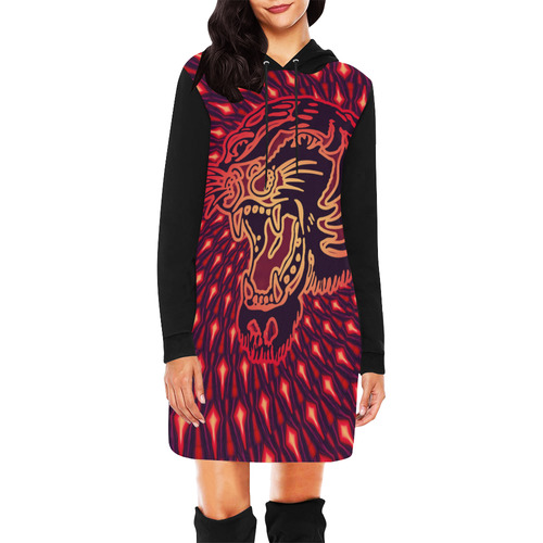 Roaring TIGER TATTOO Red Black EXPLOSION All Over Print Hoodie Mini Dress (Model H27)