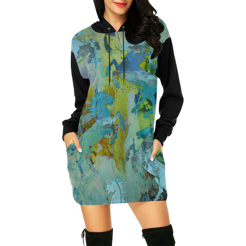 Rearing Horses grunge style painting All Over Print Hoodie Mini Dress (Model H27)