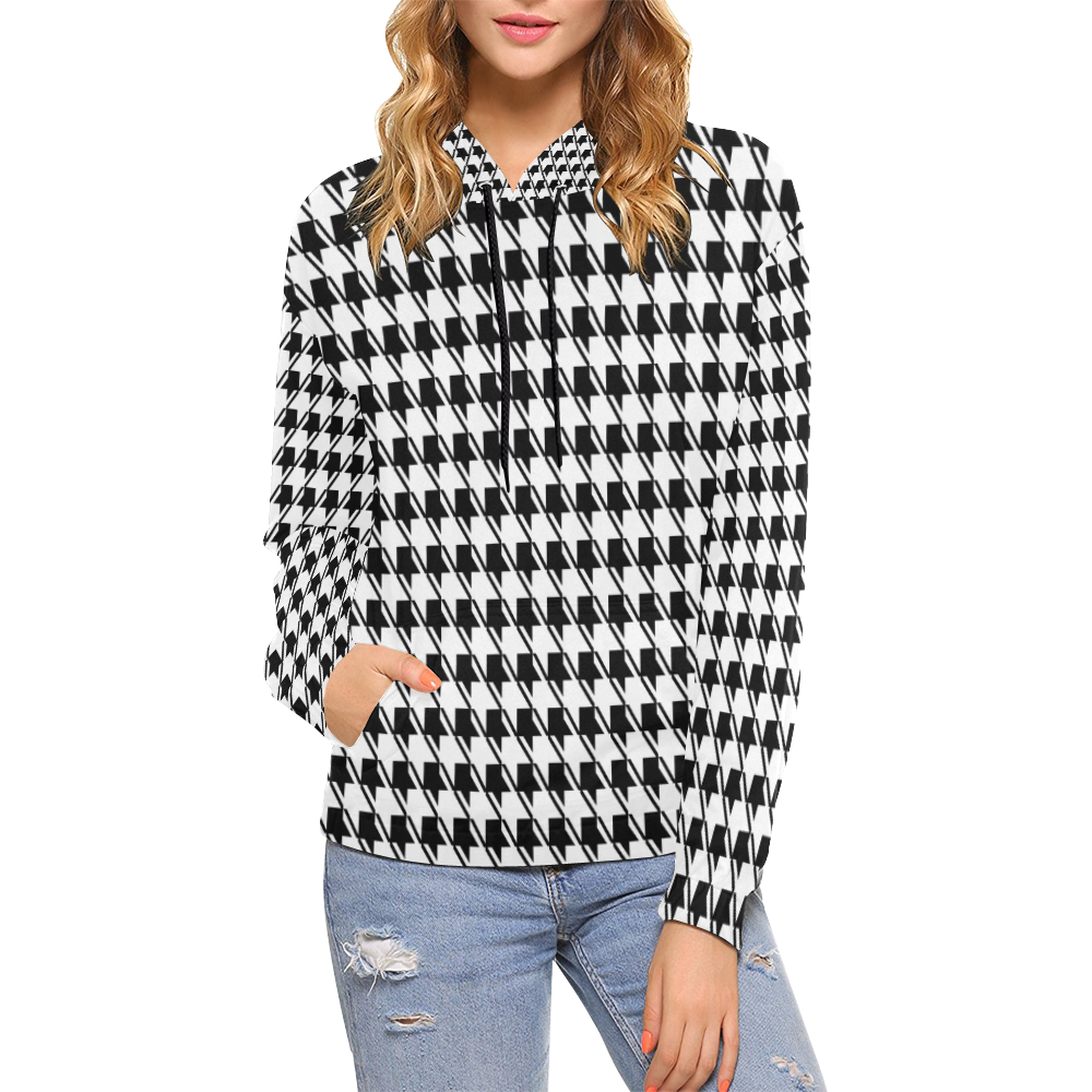 Black White Houndstooth All Over Print Hoodie for Women (USA Size) (Model H13)