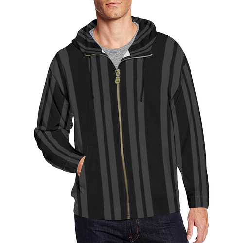 Gray/Black Vertical Stripes All Over Print Full Zip Hoodie for Men (Model H14)