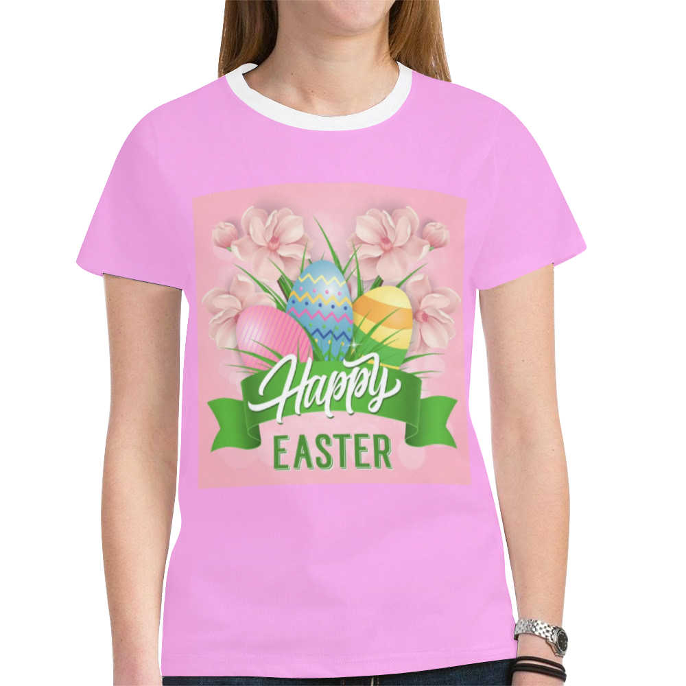 Happy Easter Pink Flowers And Eggs New All Over Print T-shirt for Women (Model T45)