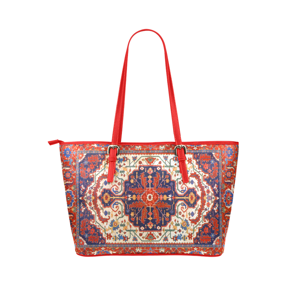 Red Blue Antique Vintage Persian Carpet Leather Tote Bag/Large (Model 1651)