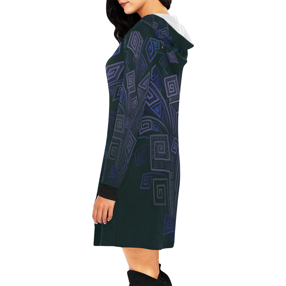 Psychedelic 3D Square Spirals - blue and violet All Over Print Hoodie Mini Dress (Model H27)
