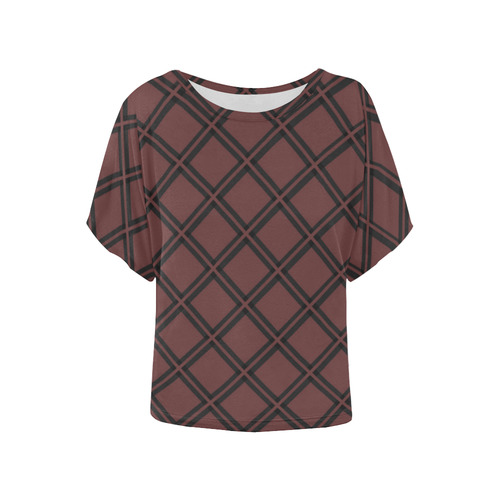 Plaid chocolate brown black VAS2 Women's Batwing-Sleeved Blouse T shirt (Model T44)