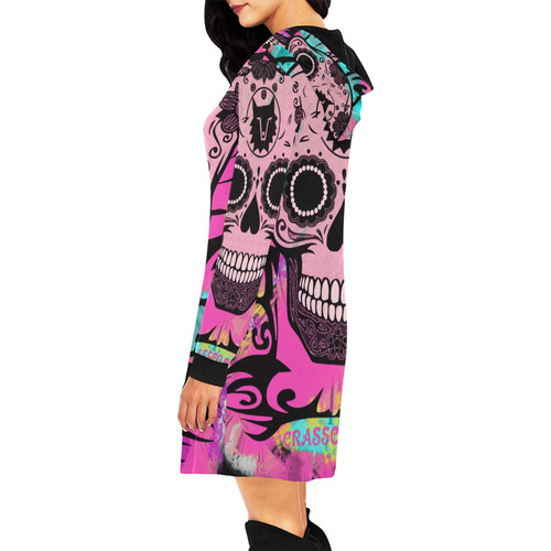 SKULL PINKY All Over Print Hoodie Mini Dress (Model H27)