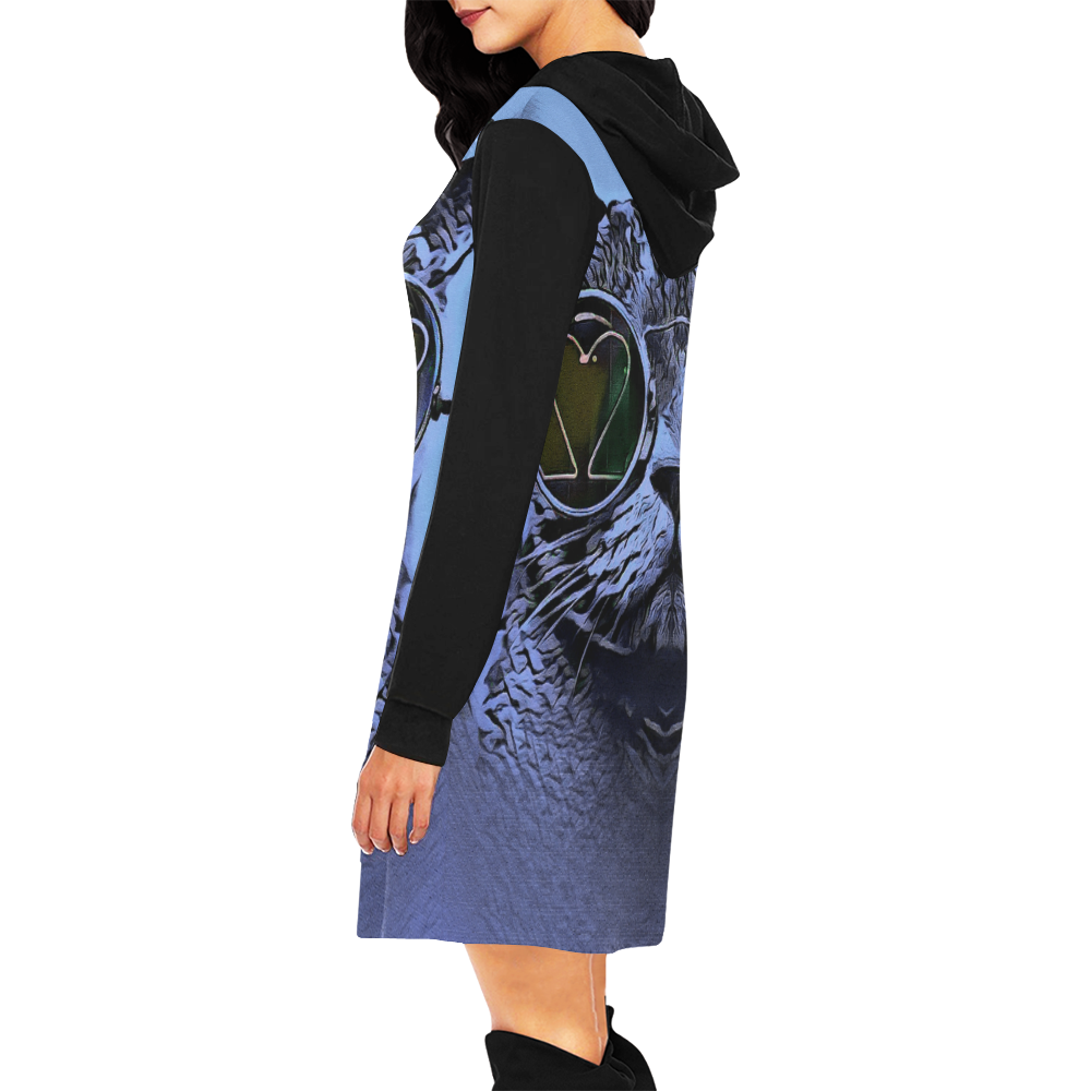 BLUE FUNNY CAT All Over Print Hoodie Mini Dress (Model H27)