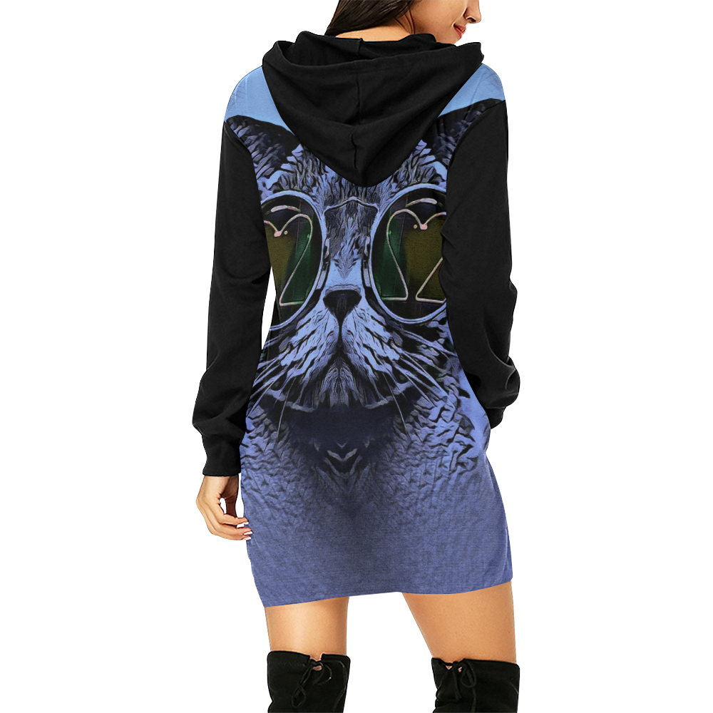 BLUE FUNNY CAT All Over Print Hoodie Mini Dress (Model H27)