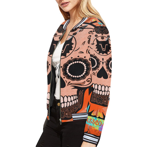 SKULL CULT ORANGE All Over Print Bomber Jacket for Women (Model H21)