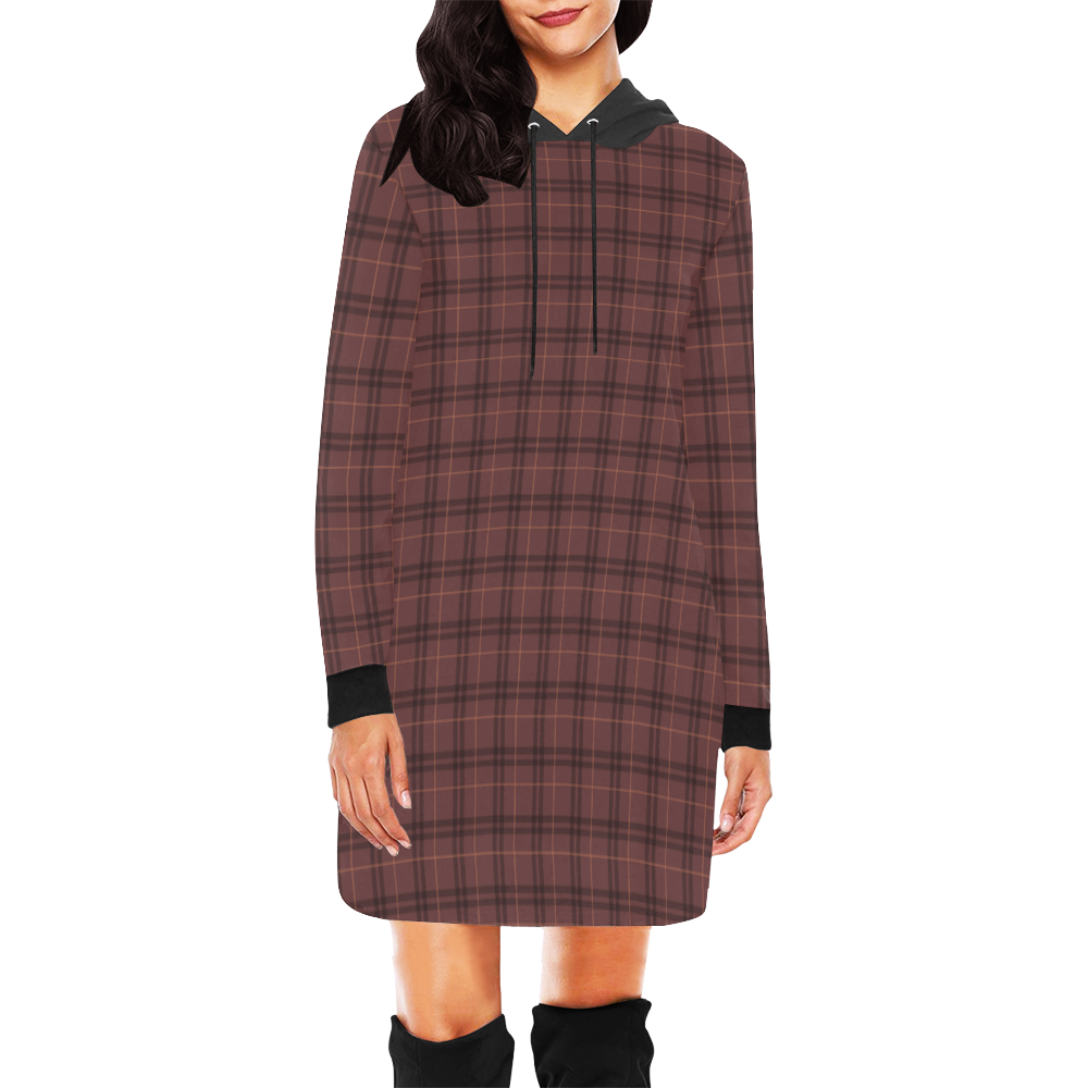 Plaid shades of brown dark VAS2 All Over Print Hoodie Mini Dress (Model H27)