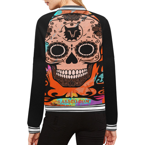 SKULL CULT ORANGE II All Over Print Bomber Jacket for Women (Model H21)